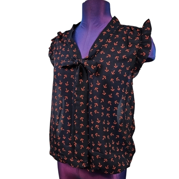 Eyelash Couture Navy & Red Nautical Anchor Sheer Blouse Size Medium - Picture 1 of 6